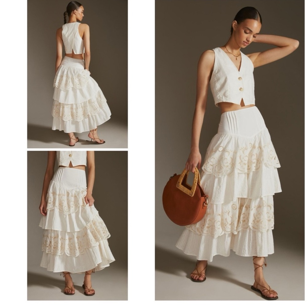 NWT by Anthropologie Tiered Lace Eyelet Boho Cottagecore White Maxi Skirt 2